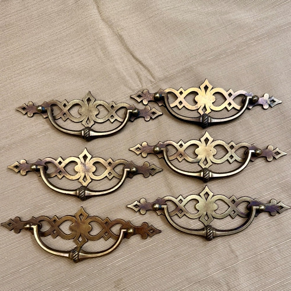 Vintage Brass Gothic Bail Drawer Pulls Set of 6 Ornate Furniture Hardware N 1605